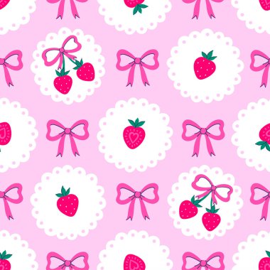 Çilek ve fiyonklu kusursuz desen. Vektör grafikleri.