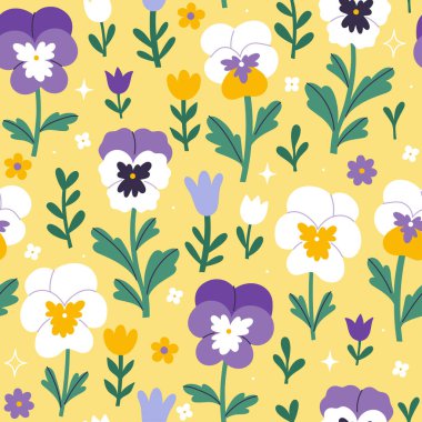 Sarı arka planda hanım evlatları olan kusursuz bir desen. Vektör grafikleri.