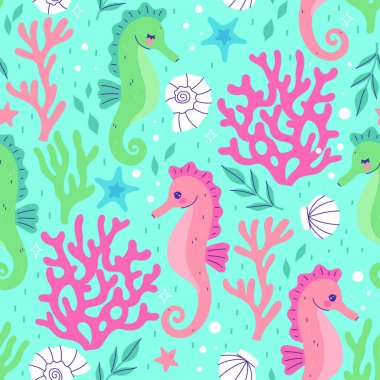 Deniz atları, mercanlar ve deniz kabuklarıyla kusursuz desen. Vektör grafikleri.