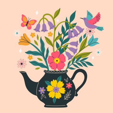 Kelebekler ve kuşlarla dolu bir çaydanlıkta bir buket çiçek. Vektör grafikleri.
