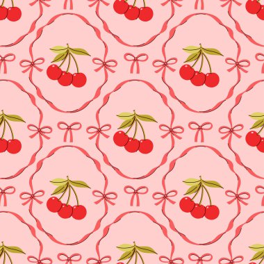 Kiraz, fiyonk ve kurdele çerçeveli kusursuz desen. Vektör grafikleri.