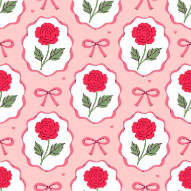 Çerçeveli ve fiyonklu güllerle kusursuz bir desen. Vektör grafikleri.