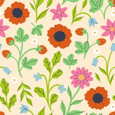 Yaz çiçekleri ve çileklerle kusursuz desen. Vektör grafikleri.