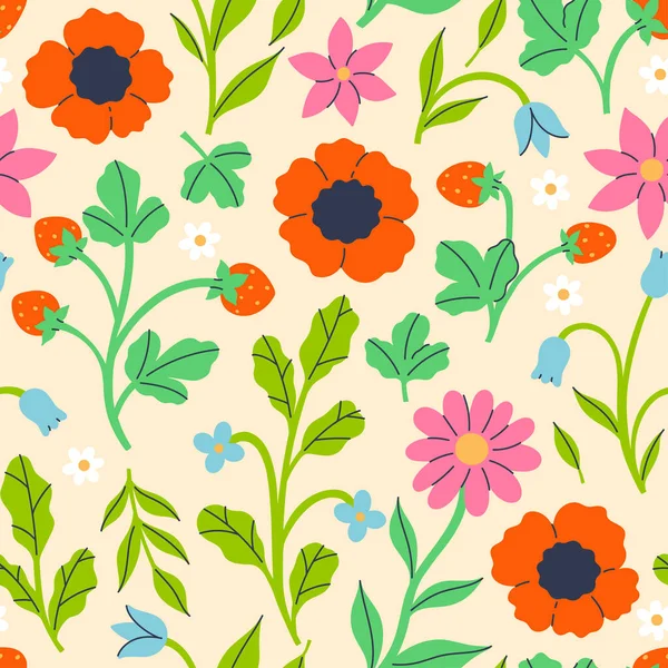 Yaz çiçekleri ve çileklerle kusursuz desen. Vektör grafikleri.