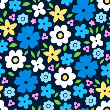 Koyu arkaplanda çok renkli çiçekleri olan pürüzsüz bir desen. Vektör grafikleri.
