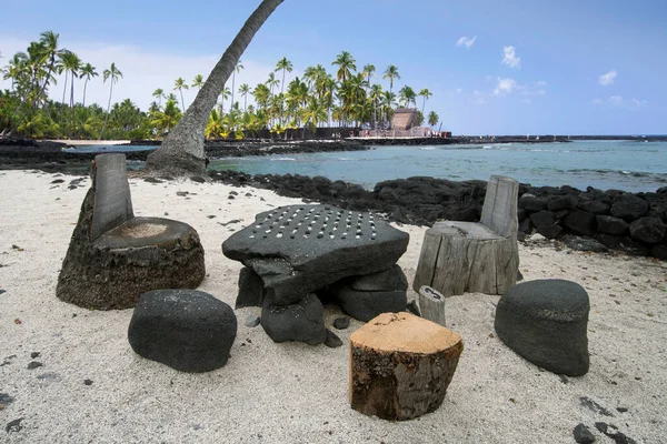 Juego Mesa Parque Histórico Nacional Uhonua Hnaunau Isla Grande Hawaii Imagen de stock