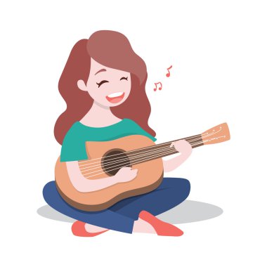 Mutlu genç kız gitar ve şarkı bir şarkı iskambil izole beyaz arka plan üzerinde