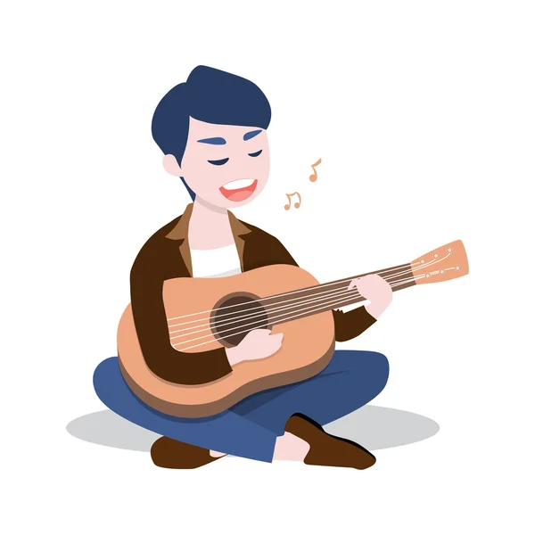 Glücklicher junger Mann, der Gitarre spielt und ein Lied singt, isoliert auf weißem Hintergrund — Stockvektor