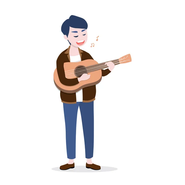 Glad ung man som spelar gitarr och sjunger en sång, isolerad på vit bakgrund — Stock vektor