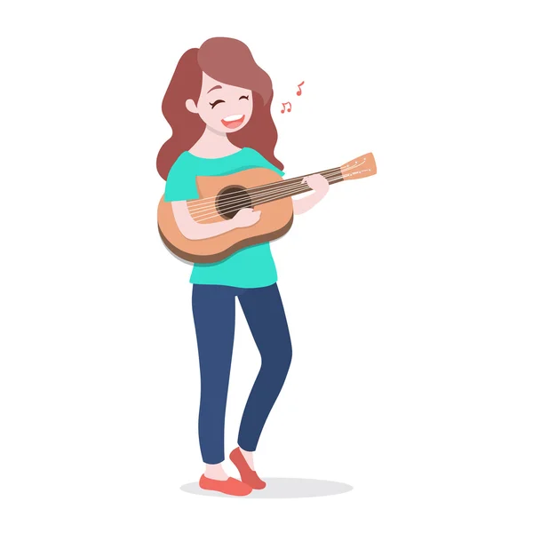 Happy νεαρό κορίτσι που παίζει κιθάρα και τραγουδά ένα τραγούδι, που απομονώνονται σε λευκό φόντο — Διανυσματικό Αρχείο