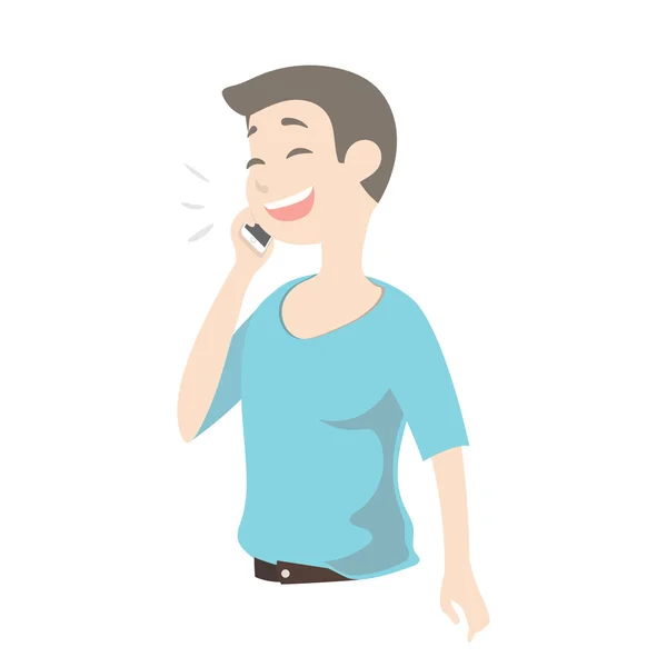 Mutlu çocuk gülümseyen genç sevimli adam akıllı telefonda konuşurken. — Stok Vektör