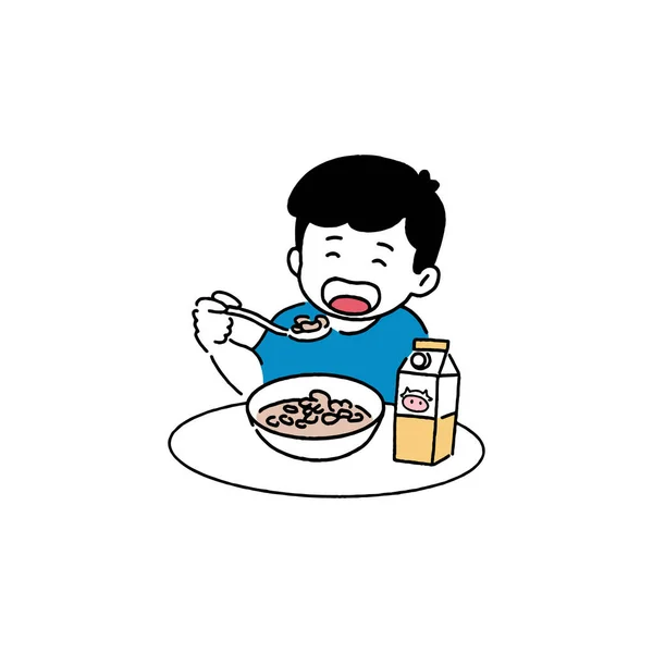 Happy Boy Eating Cereal Breakfast Concept Hand Drawn Line Art — Stockový vektor