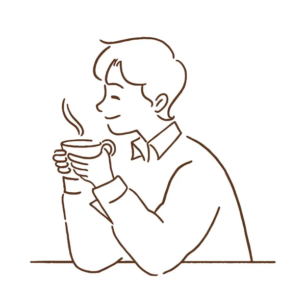 Νεαρός Άνδρας Ένα Ζεστό Φλιτζάνι Καφέ Ζωγραφισμένα Στο Χέρι Γραμμή — Διανυσματικό Αρχείο