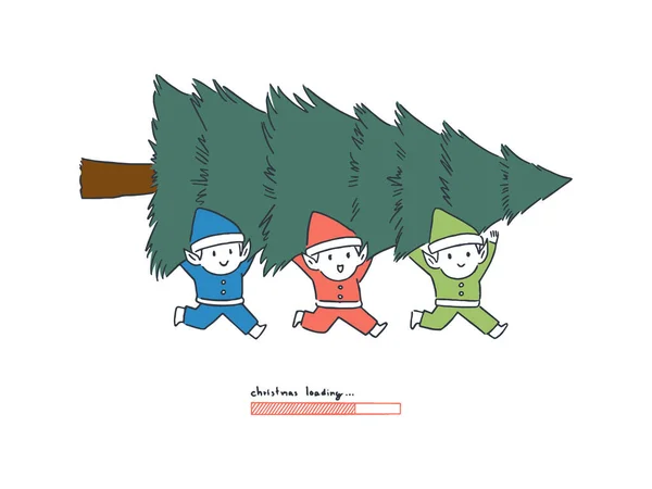 Yükleme çubuğu, geri sayım konsepti, el çizimi sanat çizimi illüstrasyonlu Noel ağacı taşıyan mutlu elf..
