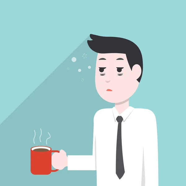 Hombre de negocios muy somnoliento y cansado, sosteniendo una taza de café — Vector de stock