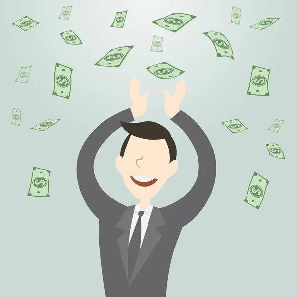 Homem de negócios feliz recebendo um monte de dinheiro —  Vetores de Stock