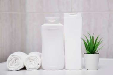 Beyaz şampuan şişeleri, havlular ve tencerede yeşil bir bitki. Vücut bakımı, hijyen ve cilt temizliği, saç. Temiz banyo.