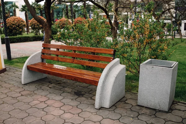 Vista do banco no parque público com arbustos, palmeiras e vegetação na cidade — Fotografia de Stock