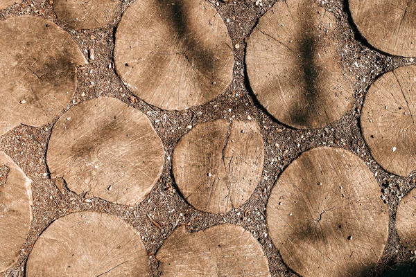 Ścieżka w parku robiona z okrągłych kawałków drewna — Zdjęcie stockowe