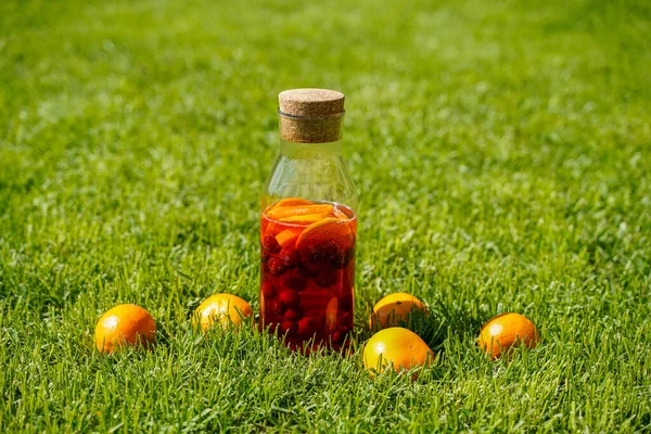 Citronnade estivale saine, cocktails agrumes et baies, boisson détoxifiante bio, antioxydant. Boisson rafraîchissante maison dans une bouteille — Photo