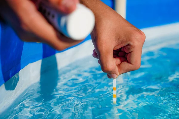 Bir havuzun su kalitesini PH değeri, klor ve yosun değeri olan bir test şeridi yardımıyla kontrol ediyorum.