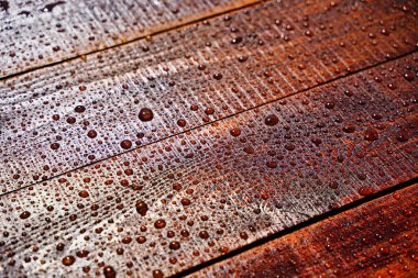 Water droplets on wood background selective focus
