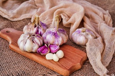 Tüm sarımsak kafalar ve sarımsak karanfilleri yakın plan çekimde. Sarımsak hasatı.