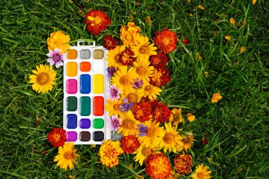 Çocukların yaratıcılığı. Sonbahar resmi. Sonbahar dekorasyonu. Bu doğanın sanatıdır. Metninizi eklemek için uzayı kopyalayın. Modern tasarım. Çağdaş sanat kolajı.