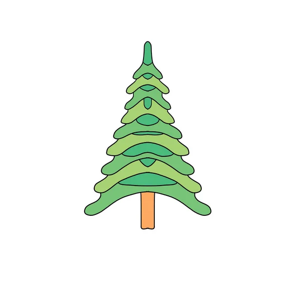 Niedlich gezeichneter Weihnachtsbaum, Fichte, Kiefer oder Tanne, Weihnachtsbaum mit farbigen Kugeln dekoriert. Isoliert auf weißem Hintergrund. — Stockfoto