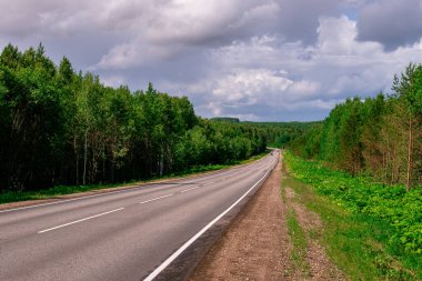 Asfalt bir şehirler arası yol, yeşil bir ormandan geçen beyaz işaretler var..