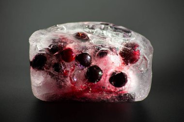 Siyah arka planda buzun içinde donmuş kara frenk üzümü..