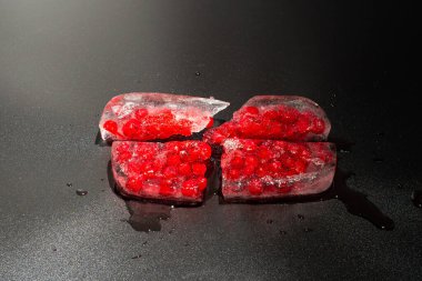 Kırık bir buzun içinde donmuş kırmızı frenk üzümü ve siyah bir arka plan. Eriyen buz briketine yakın plan
