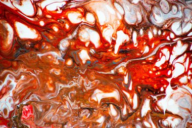 Sıvı sanatının dokusu. Girdap boyası efektli soyut bir arka plan. Sıvı akrilik boya arka planı. Beyaz, kahverengi ve kırmızı renkler.