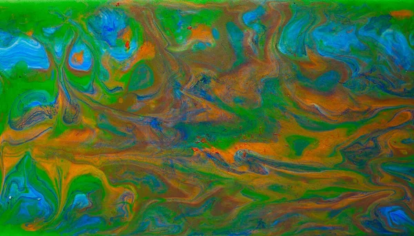 流体艺术风格的纹理 具有旋涡涂料效果的文摘背景 液体丙烯酸涂料背景 橙色和绿色 — 图库照片