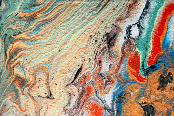 流体艺术风格的纹理 具有涂料搅拌效果的文摘背景 液体丙烯酸涂料背景 橙色和蓝色 — 图库照片