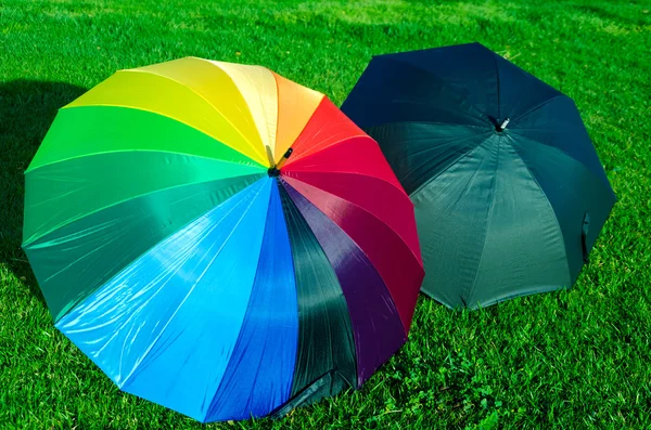 Regenbogen und schwarze Regenschirme auf dem Rasen — Stockfoto