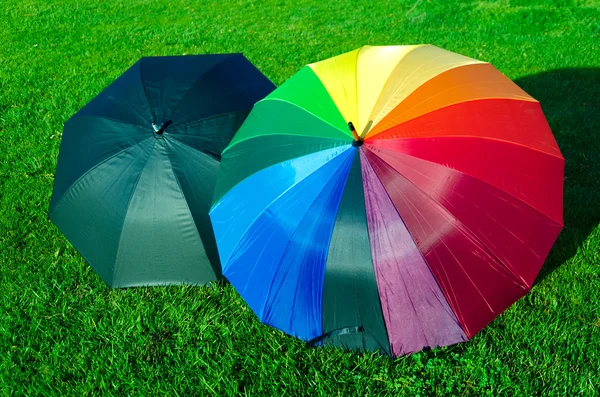 Rainbow and black umbrellas on the grass