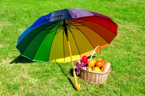 虹の傘とピクニック バスケット — ストック写真