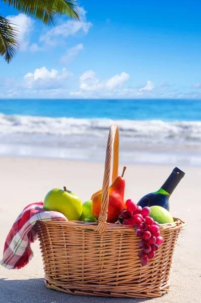 Cesta de piquenique com frutas junto ao oceano — Fotografia de Stock