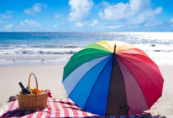 Coș de picnic cu fructe lângă ocean — Fotografie, imagine de stoc