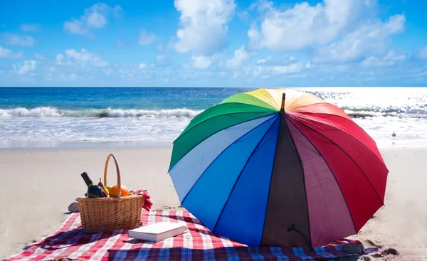 Coș de picnic cu fructe lângă ocean — Fotografie, imagine de stoc