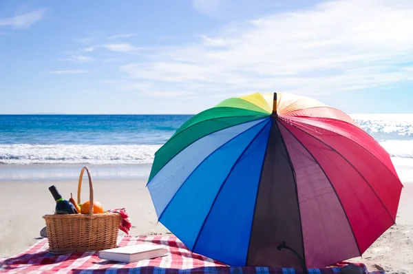 Cesto da picnic con frutta in riva al mare — Foto Stock