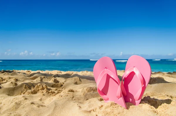 Chanclas rosadas en la playa de arena — Foto de Stock