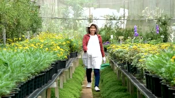 Jovens Agricultoras Felizes Avental Trabalhando Floricultura Crescendo Uma Estufa — Vídeo de Stock