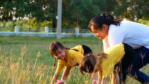 Feliz Madre Hijas Jugando Corriendo Campo Verano Familia Pasó Tiempo — Vídeo de stock