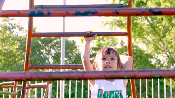 Gadis Kecil Yang Bahagia Bersenang Senang Bermain Bar Monyet Taman — Stok Video