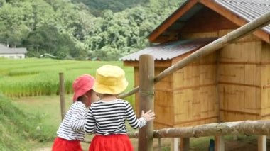 İki kardeş dağdaki pirinç teraslarını görmek için bir bambu köprüsünde el ele yürüyorlar. Aile tatilde birlikte vakit geçirir..