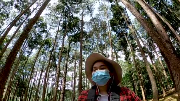 Young Female Tourist Takes Her Medical Mask While Backpacking Enjoying — Stock Video