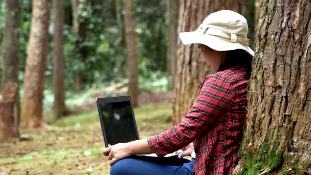 Giovane Donna Felice Utilizzando Computer Portatile Mentre Seduto Sotto Grande — Video Stock