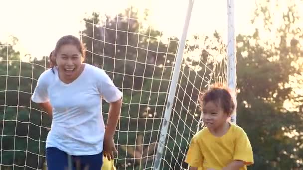 快乐的母亲和她的女儿在夏日公园的草坪上玩耍和欢笑 全家人都花时间在一起度假 — 图库视频影像